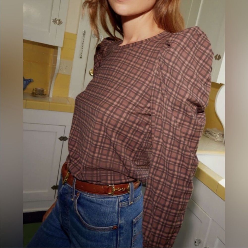 Nation LTD Romy Puff Long Sleeve Plaid Top Tartan Plaid Size Small - Picture 2 of 8